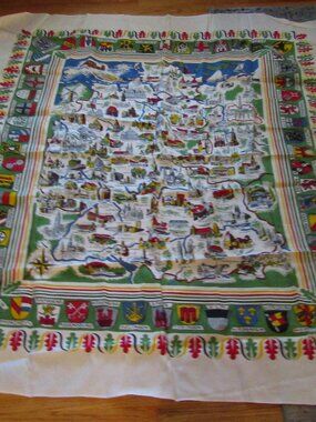 Never Used Vint MAP OF GERMANY TABLECLOTH or WALL HANGING Cities Coat of Arms